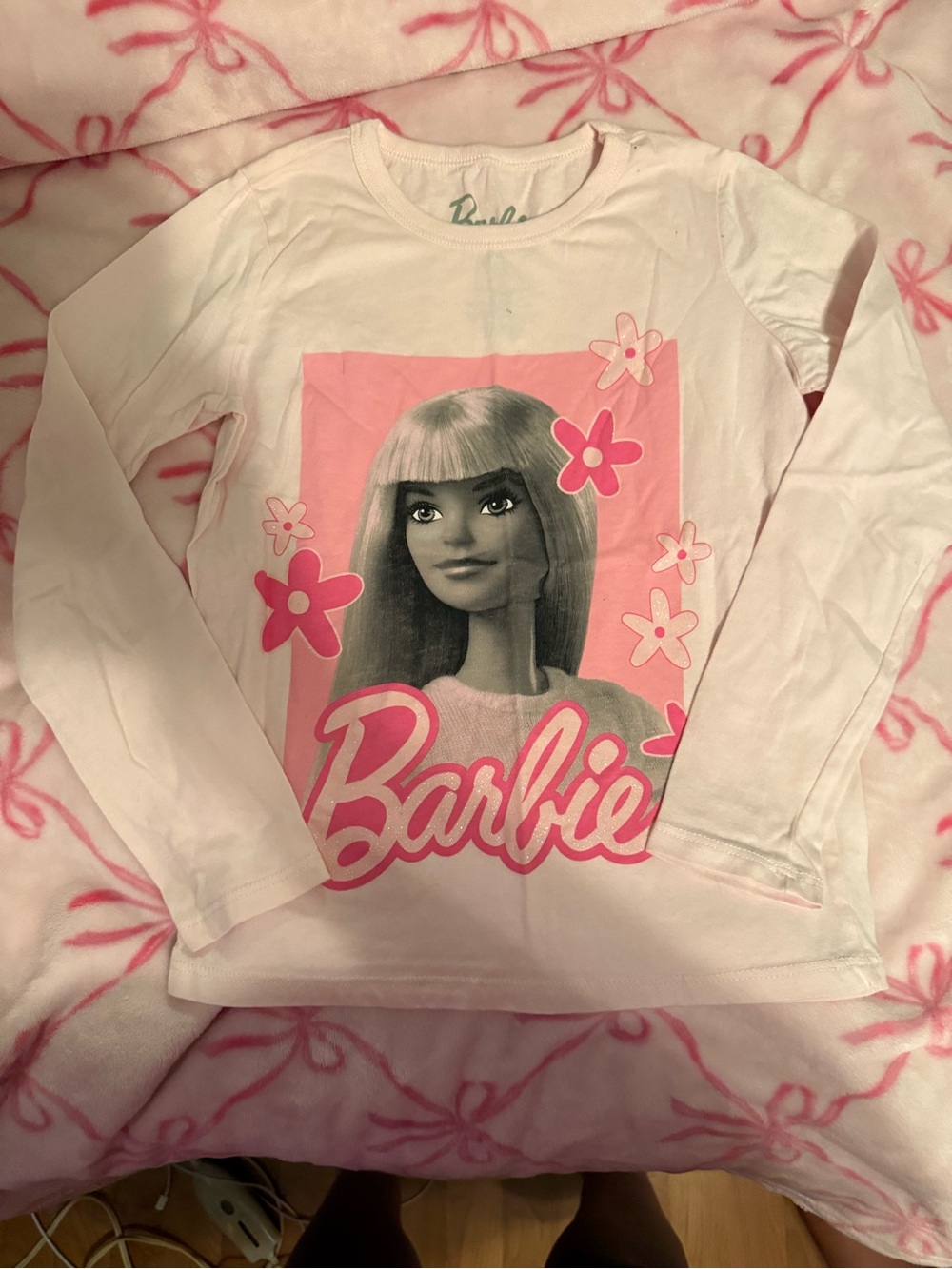 Mattel Barbie White Long-Sleeve Top with Pink Graphic